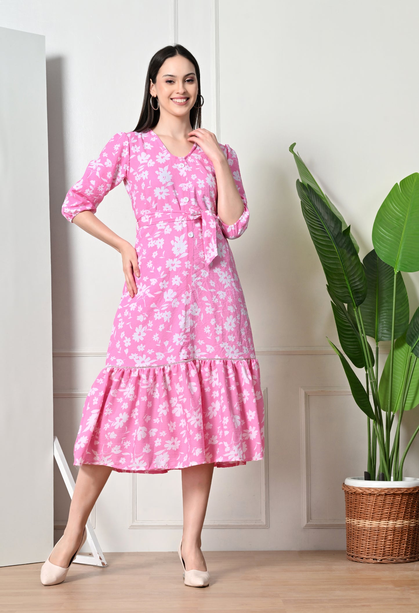 White floral pink midi dress