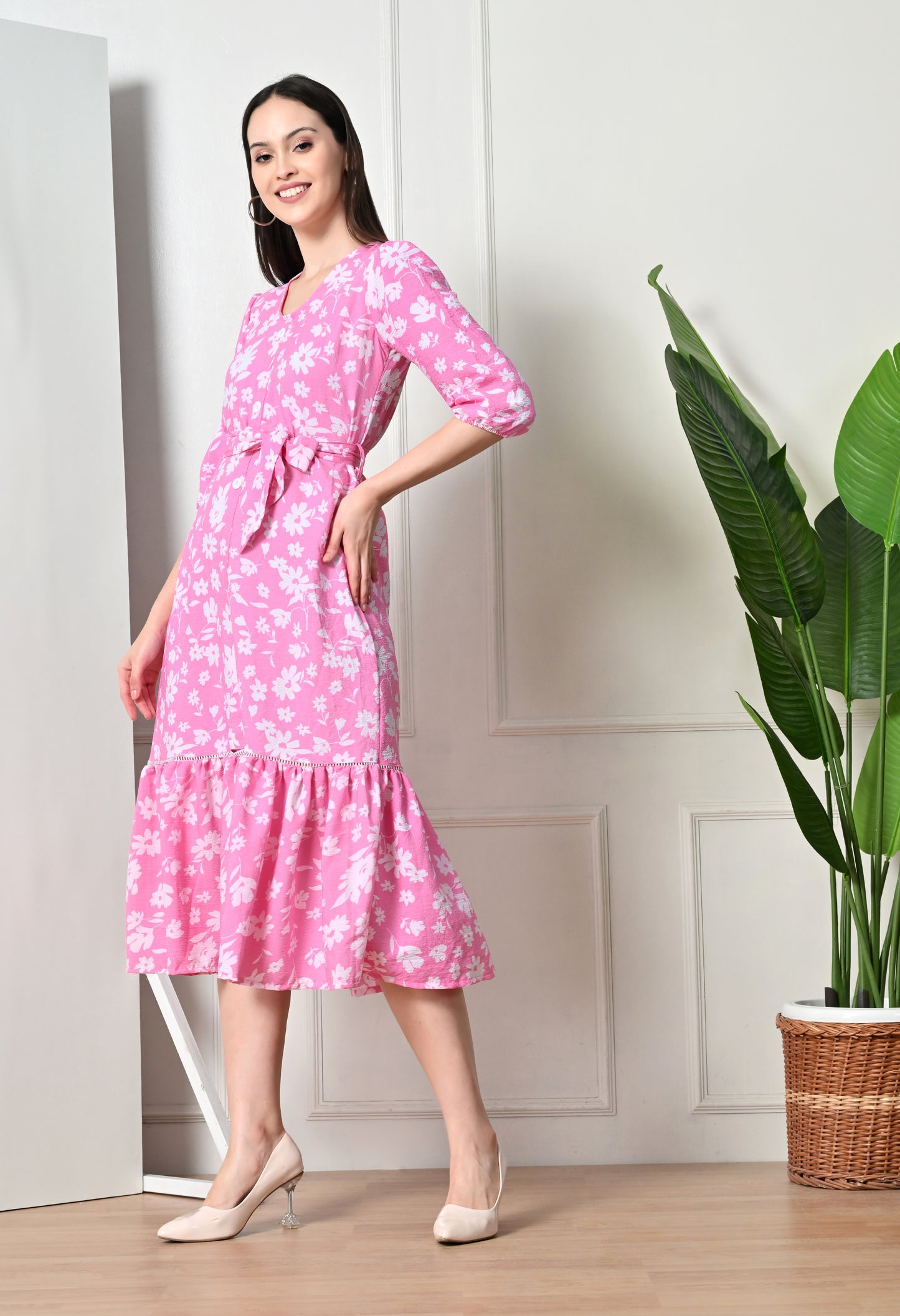 White floral pink midi dress