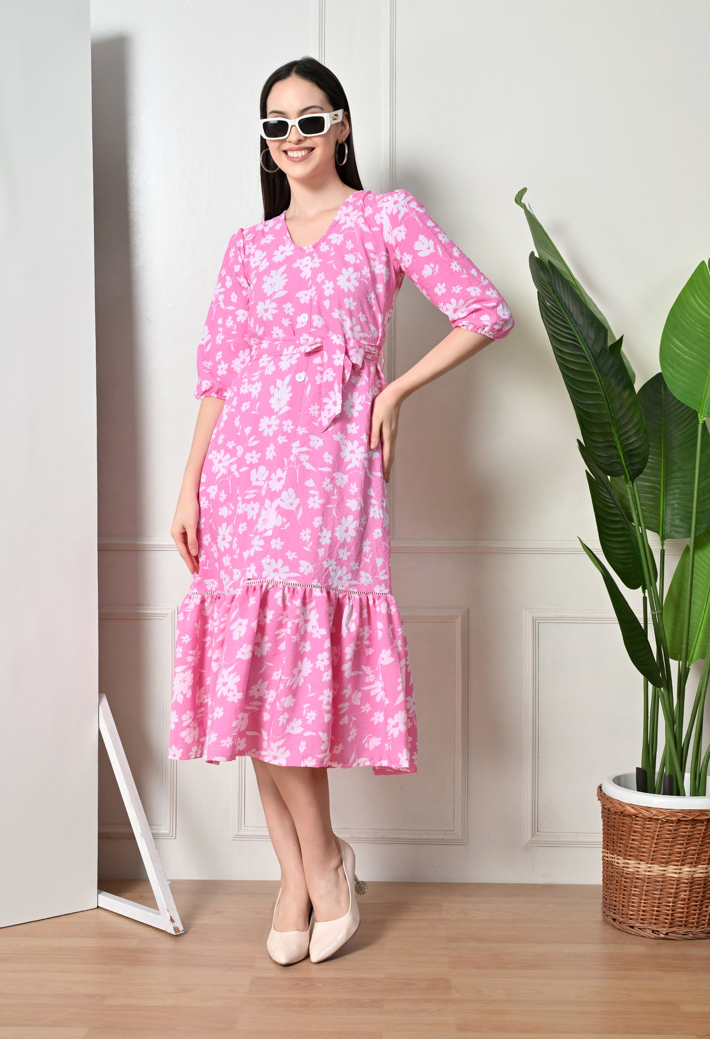 White floral pink midi dress