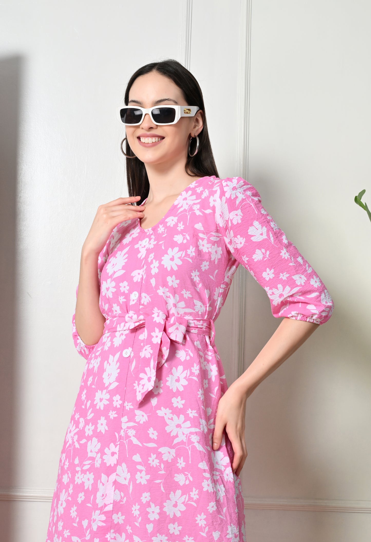 White floral pink midi dress
