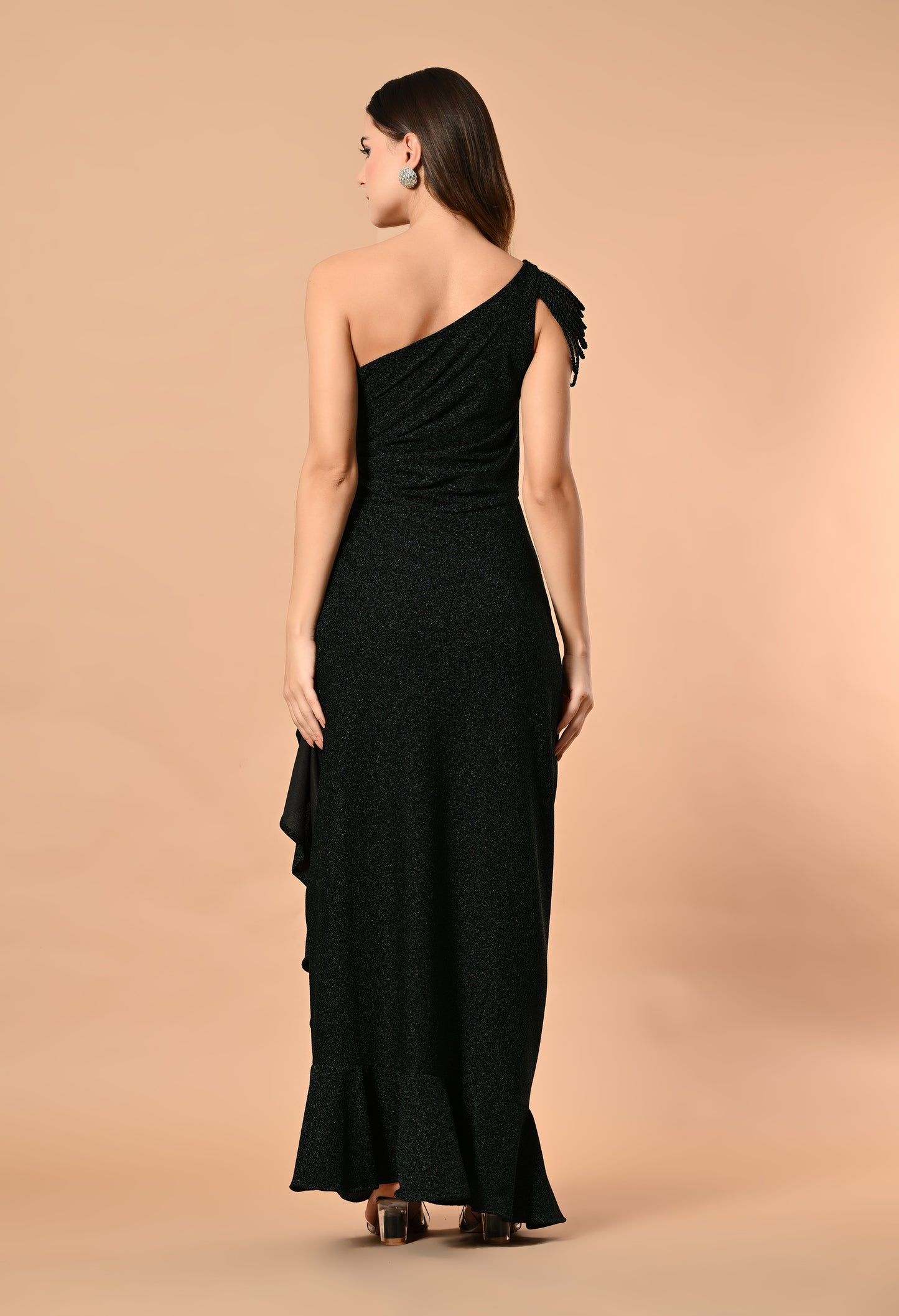 Radiant Shimmer Lycra Maxi Dress with Tassel Sleeves and Side Slit (Red / Blue / Green)