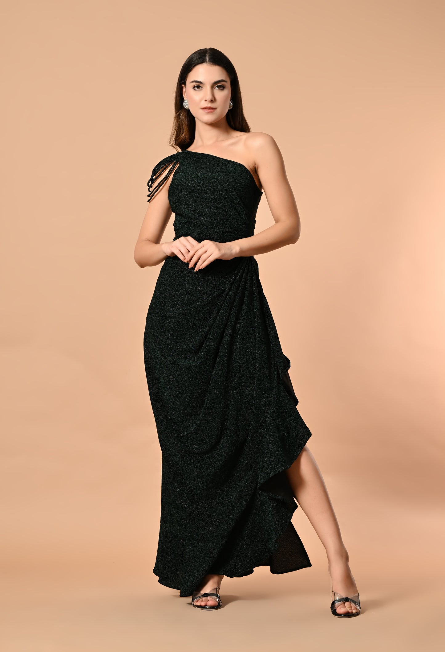Radiant Shimmer Lycra Maxi Dress with Tassel Sleeves and Side Slit (Red / Blue / Green)