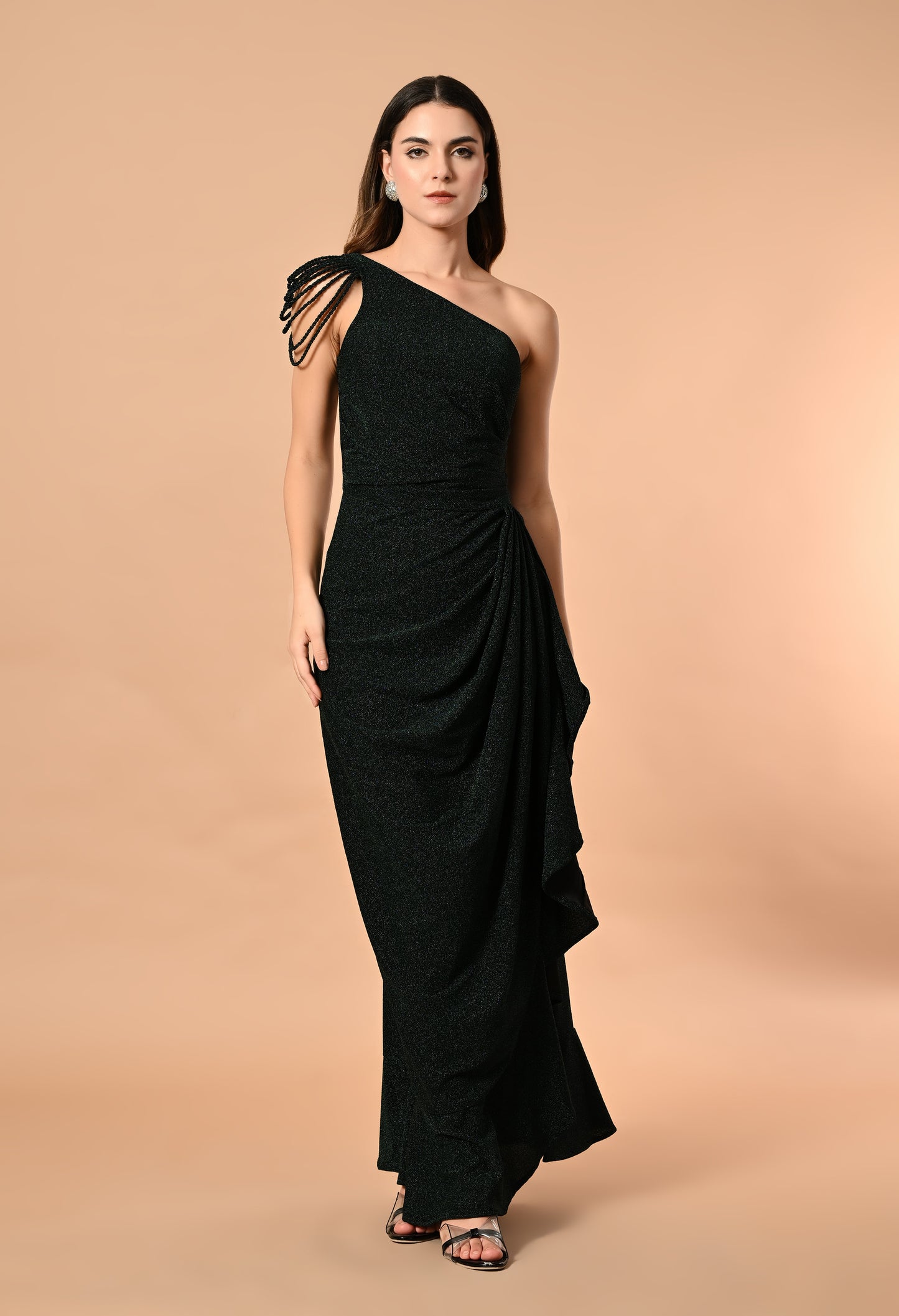 Radiant Shimmer Lycra Maxi Dress with Tassel Sleeves and Side Slit (Red / Blue / Green)