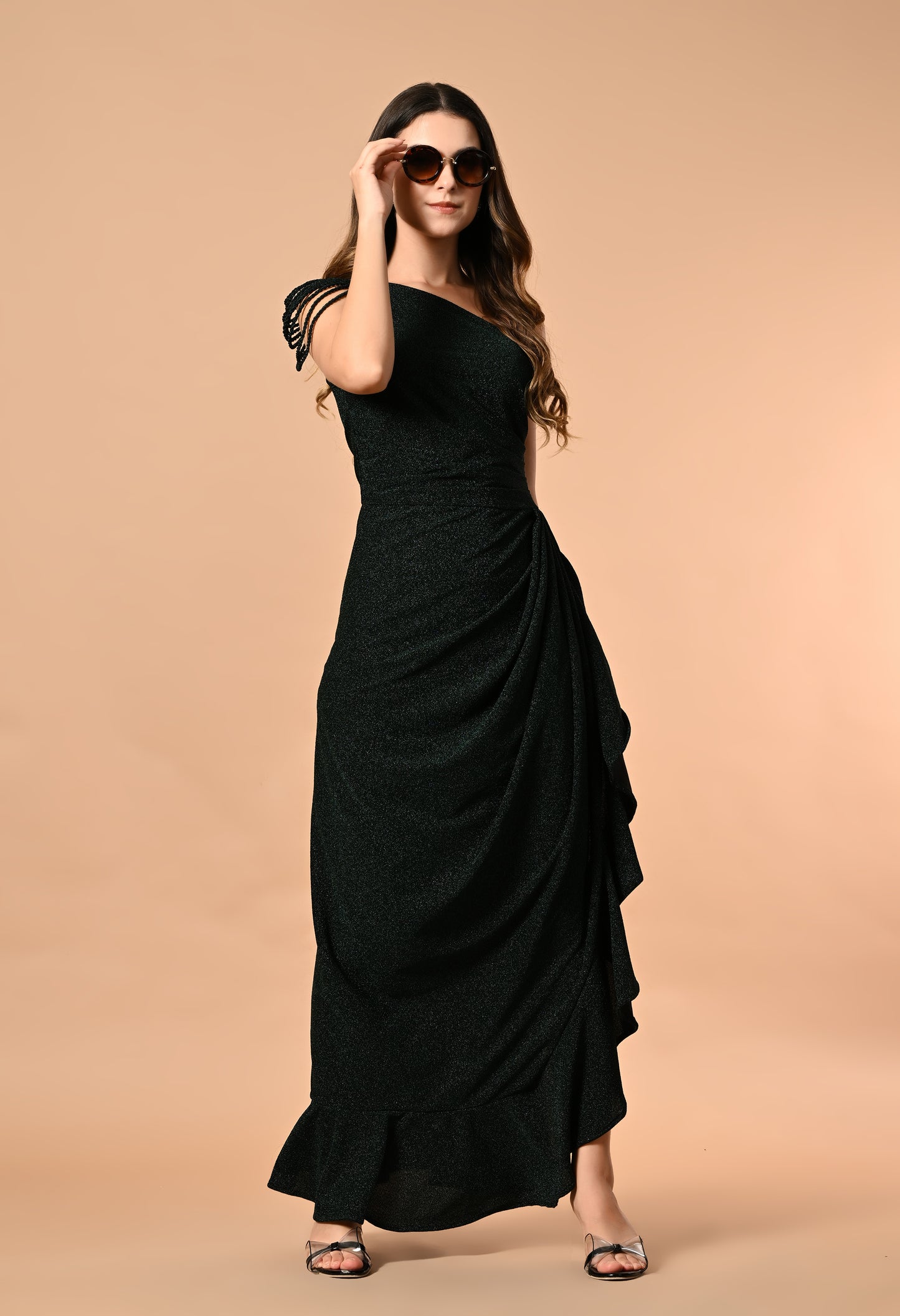 Radiant Shimmer Lycra Maxi Dress with Tassel Sleeves and Side Slit (Red / Blue / Green)