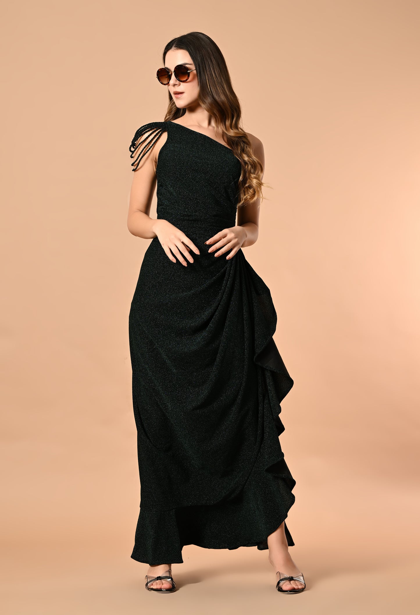 Radiant Shimmer Lycra Maxi Dress with Tassel Sleeves and Side Slit (Red / Blue / Green)