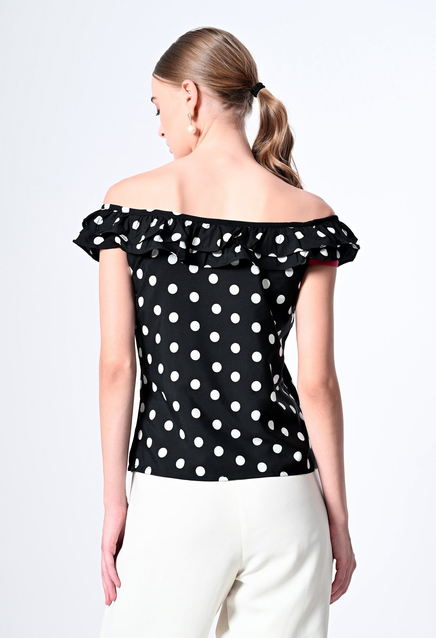 Off shoulder polka dot print western top for women