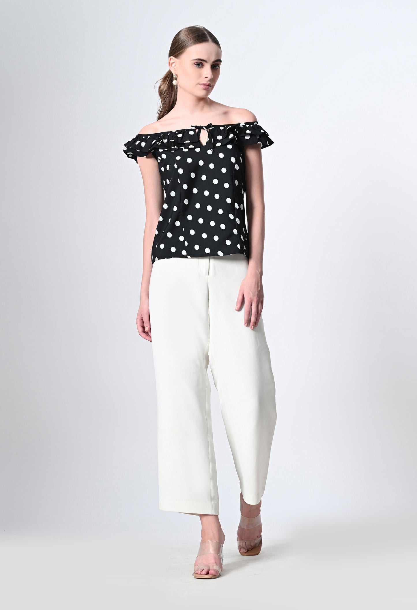 Off shoulder polka dot print western top for women