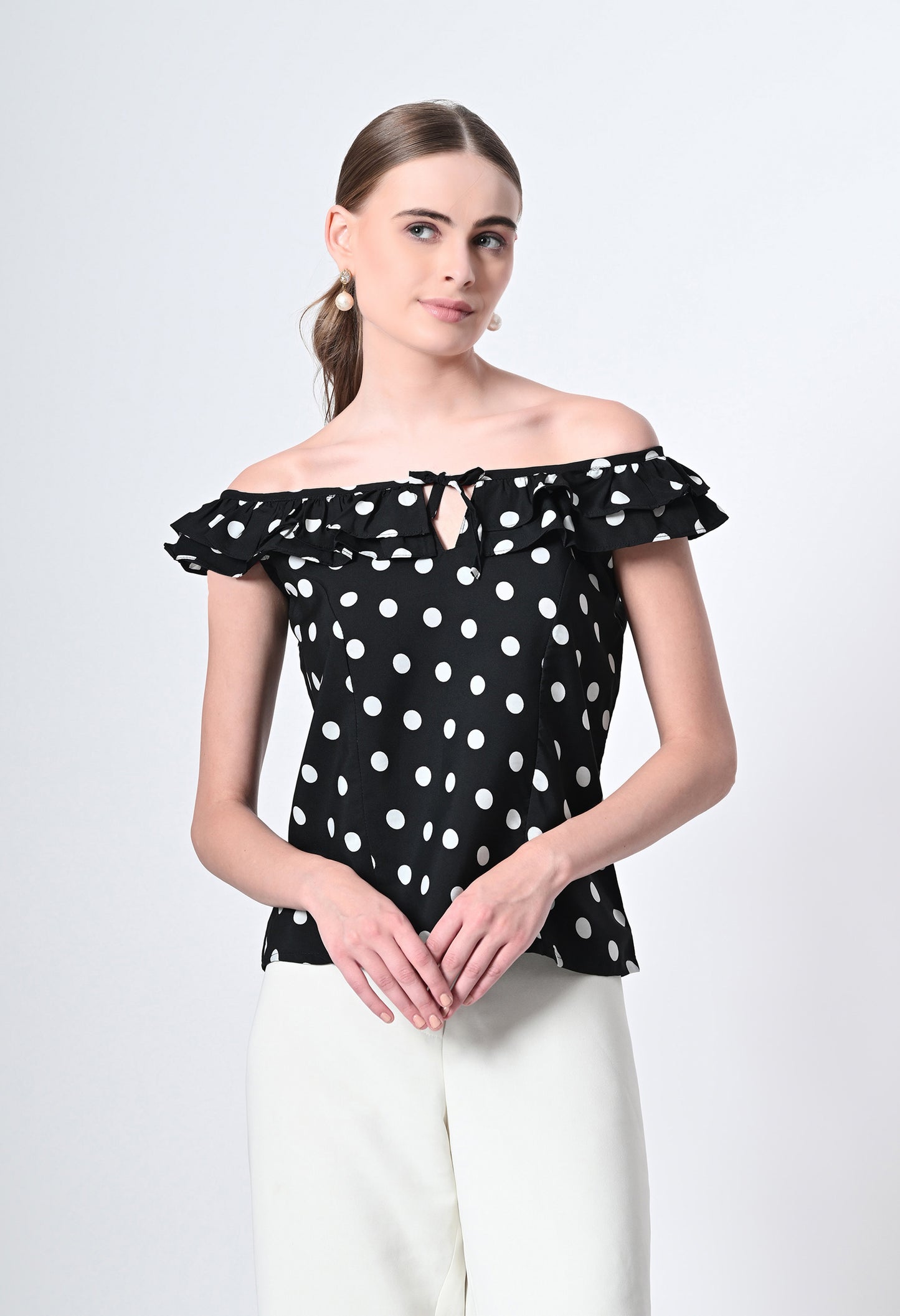 Off shoulder polka dot print western top for women