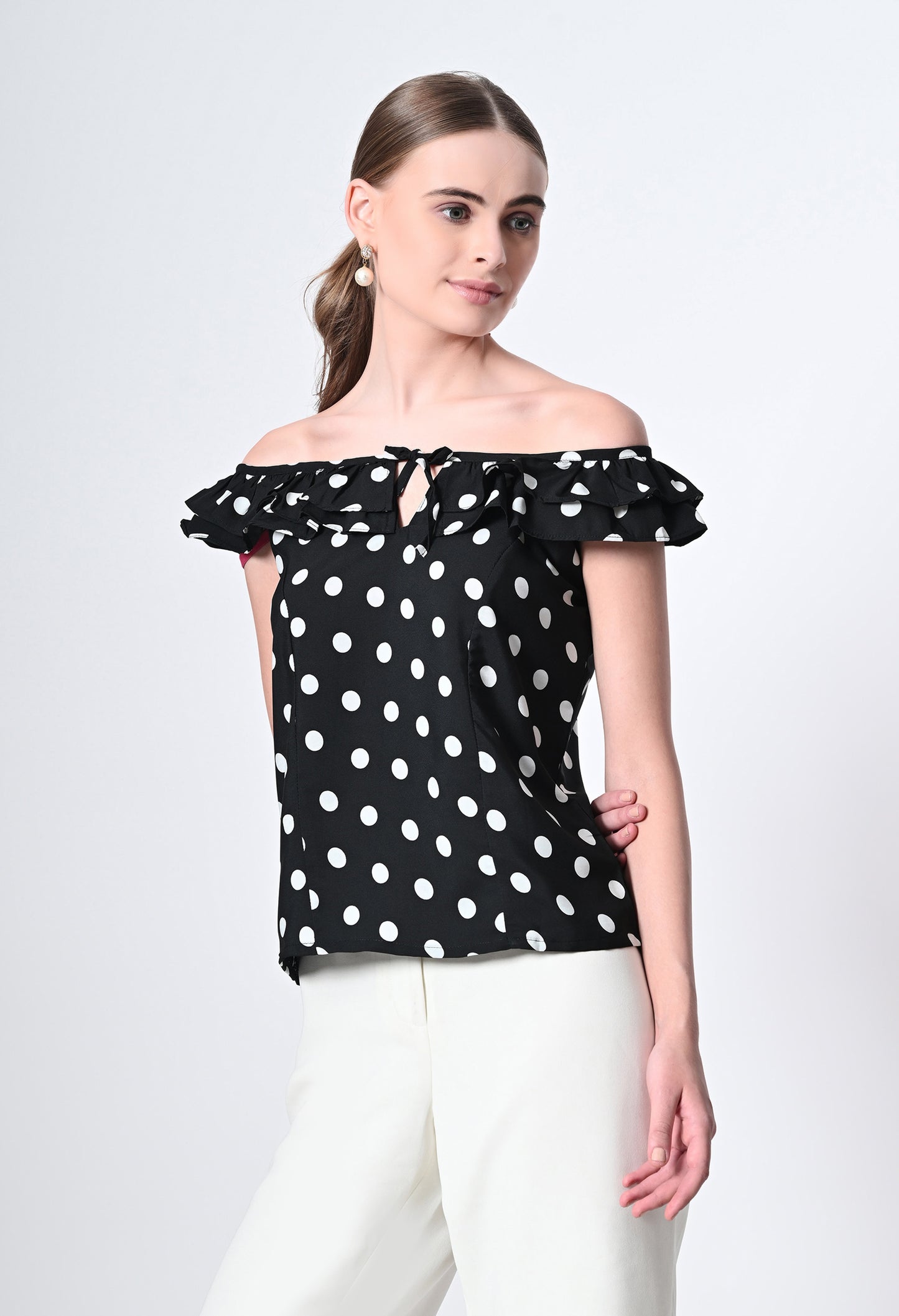 Off shoulder polka dot print western top for women