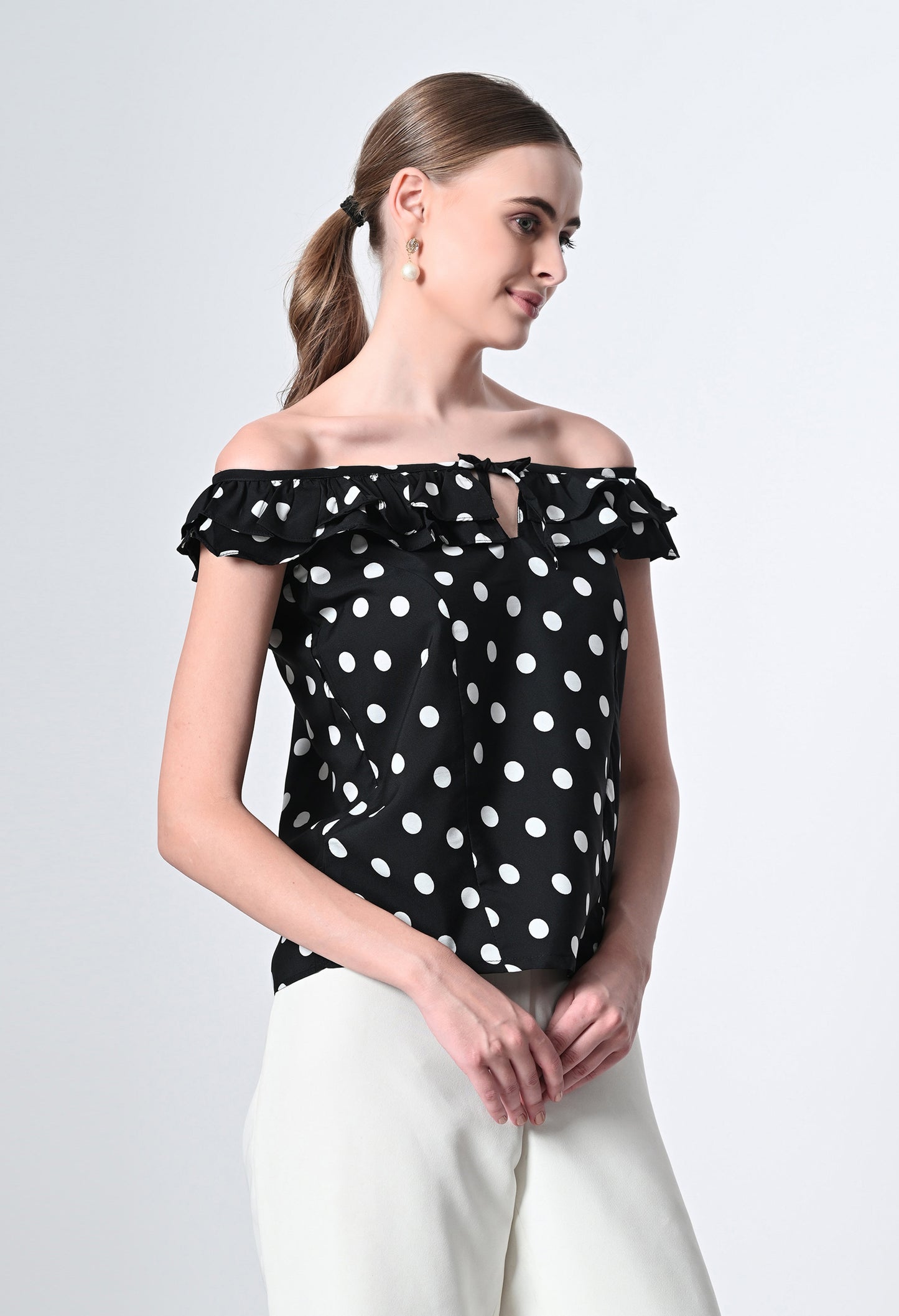 Off shoulder polka dot print western top for women
