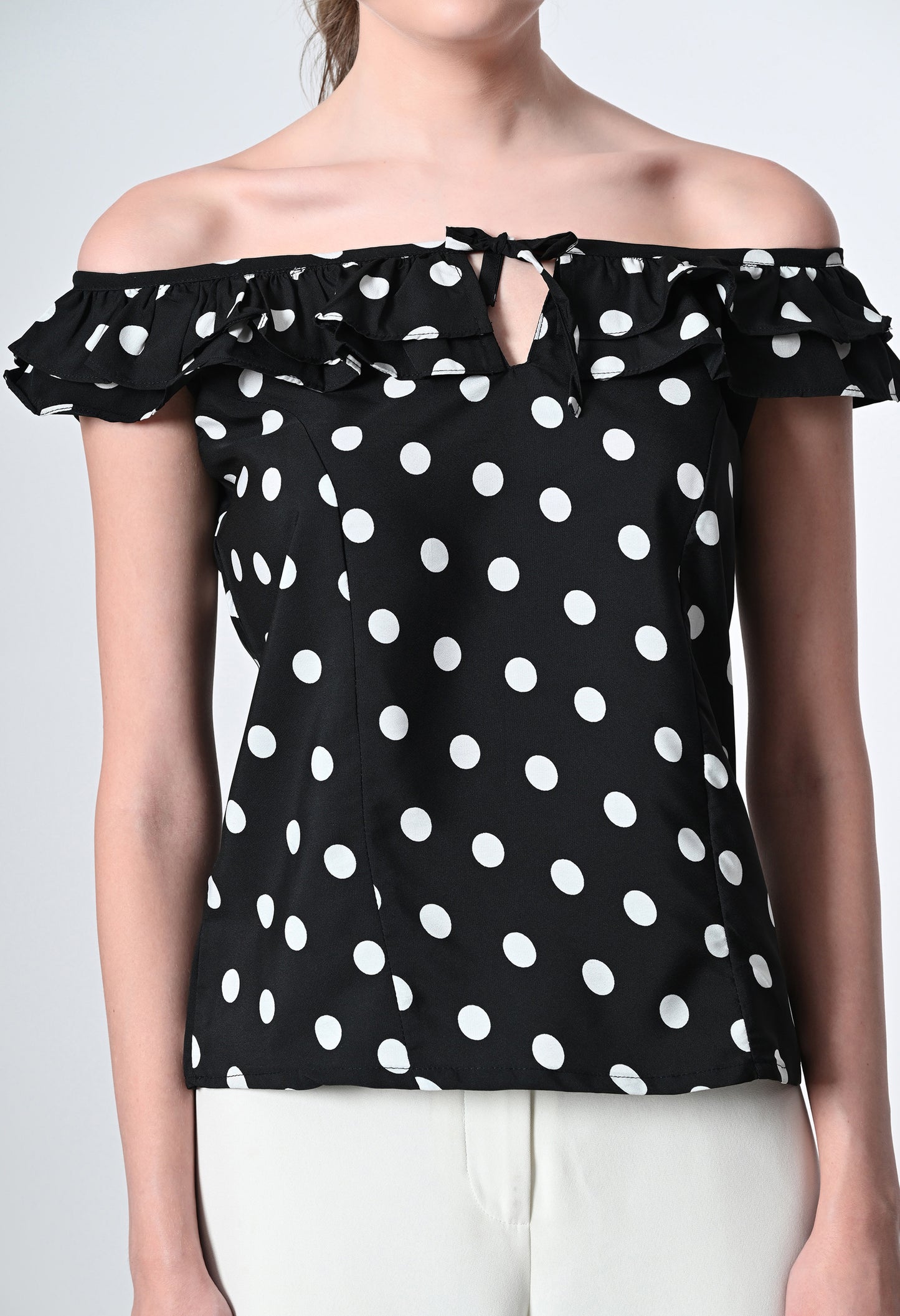Off shoulder polka dot print western top for women
