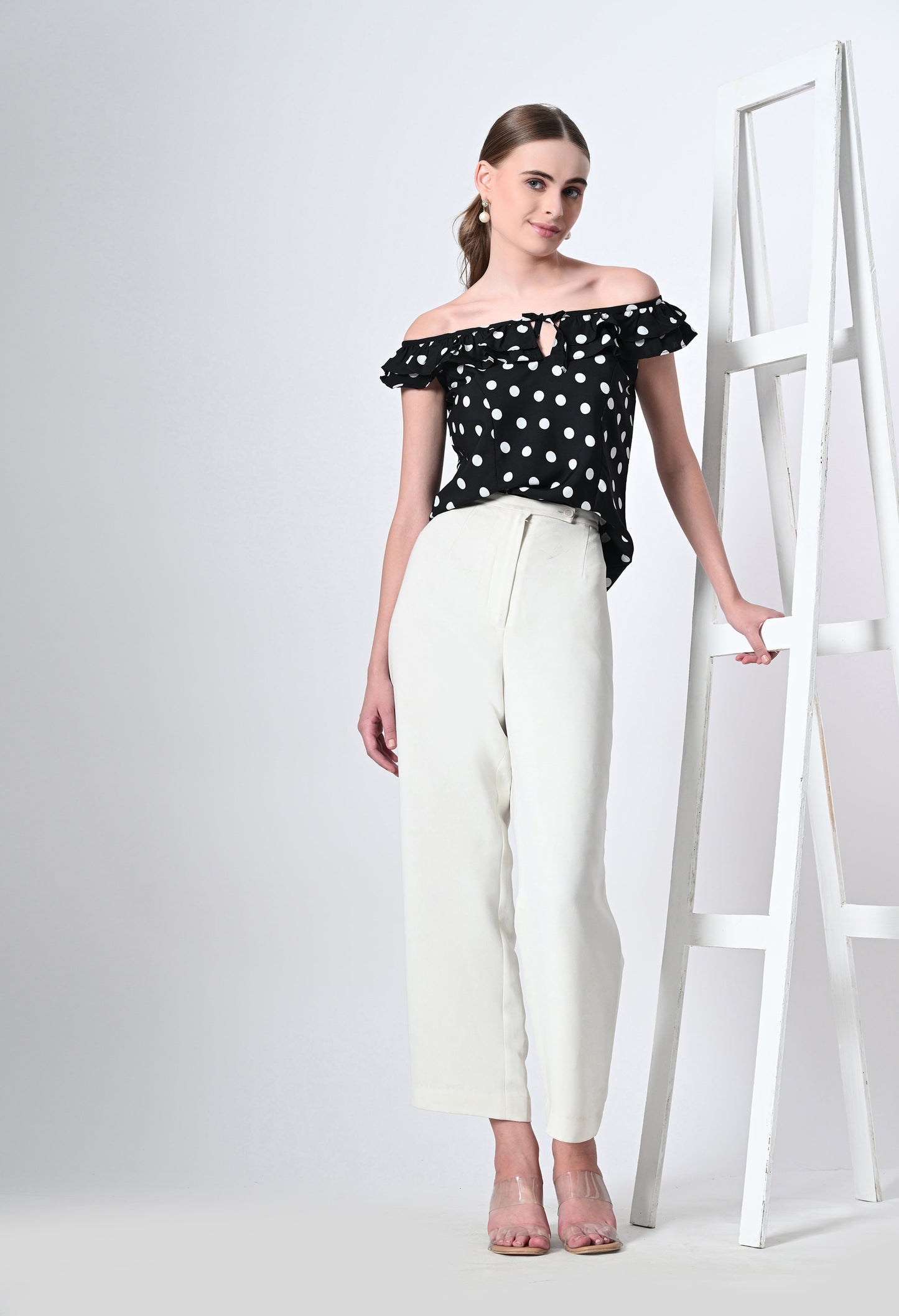 Off shoulder polka dot print western top for women