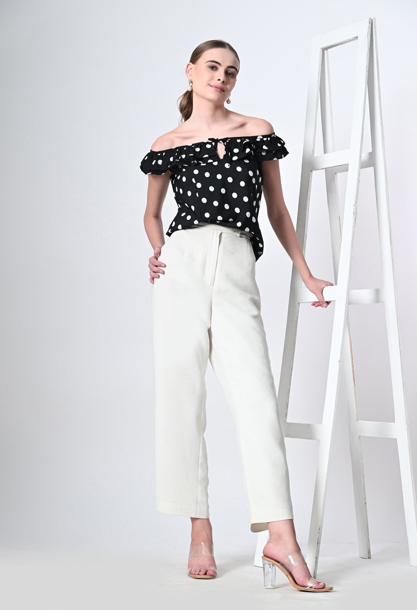 Off shoulder polka dot print western top for women