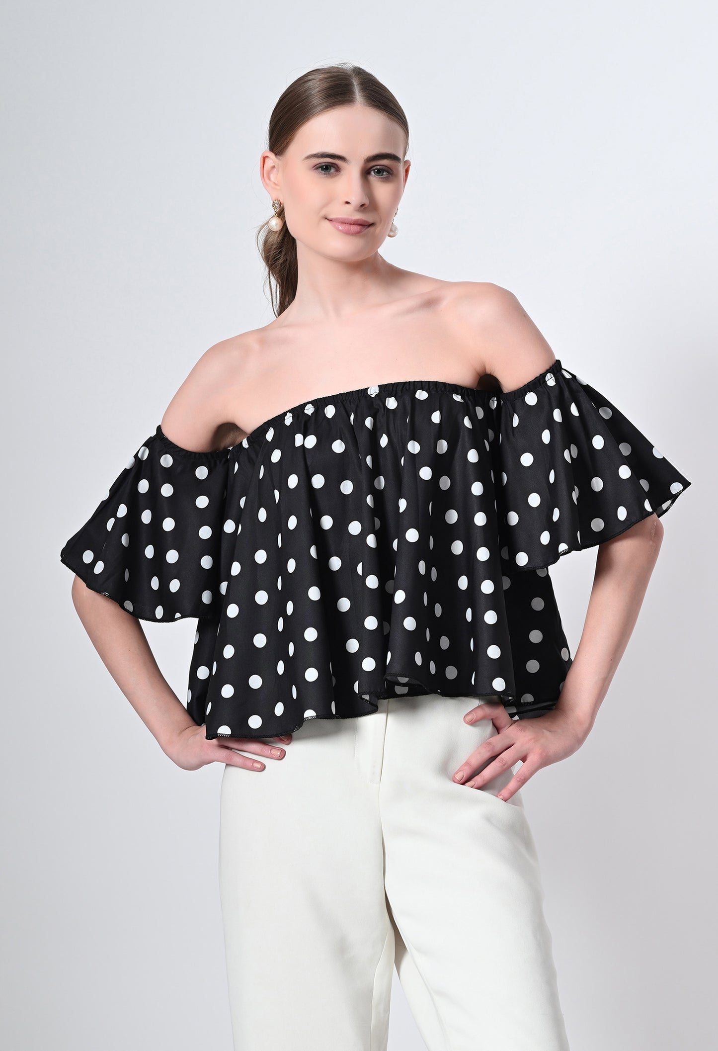 Black Polka dot printed western top for women