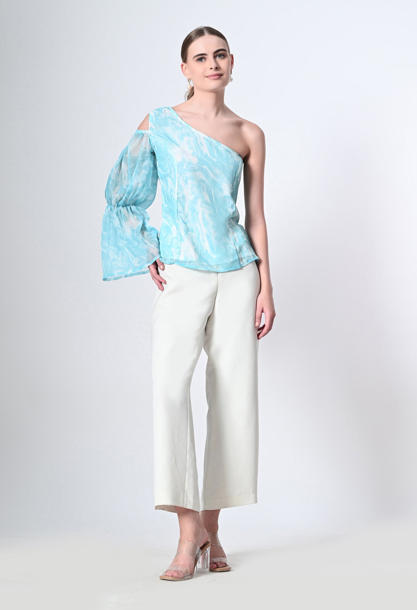 Marble print one side sleeve western top for women