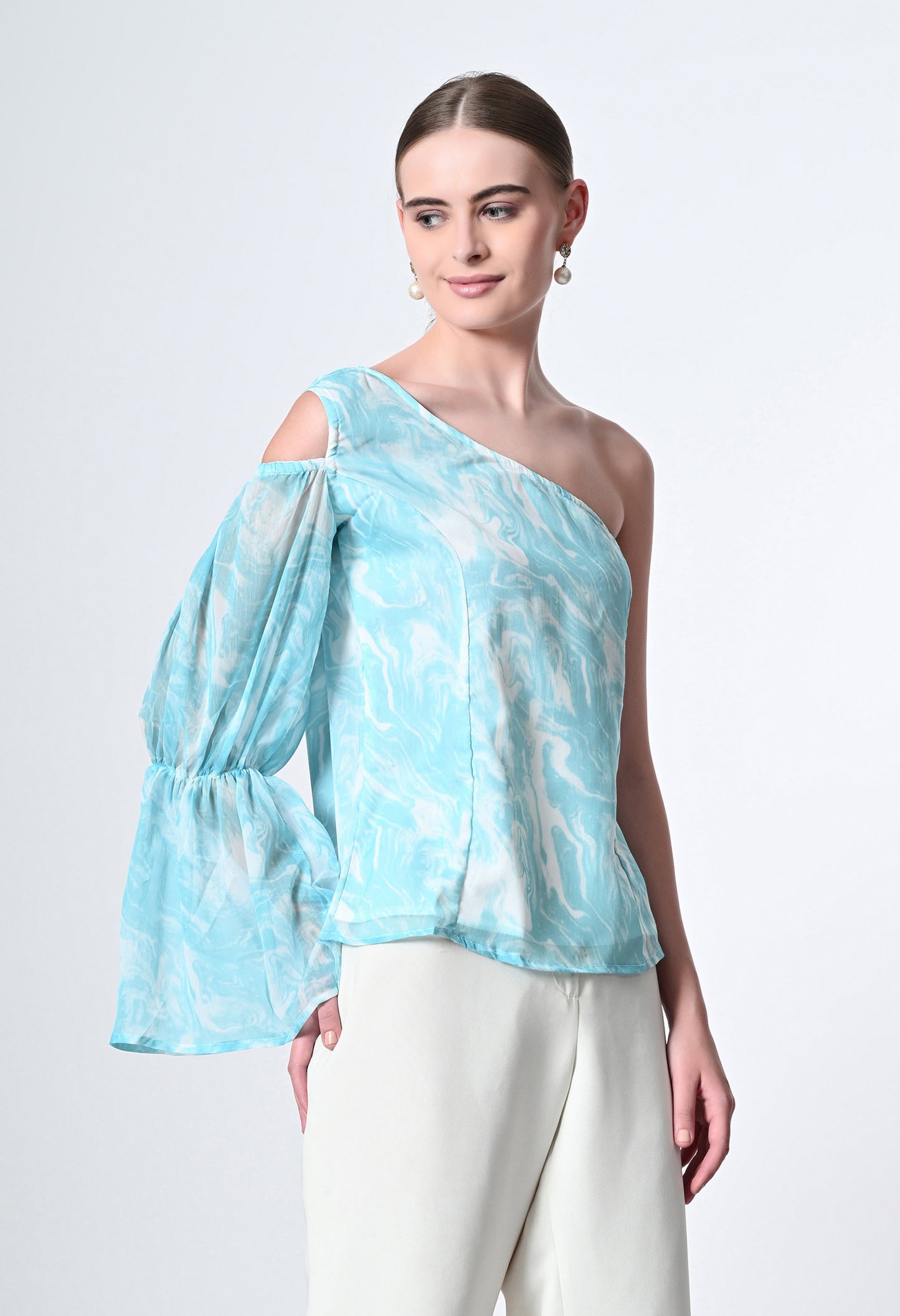 Marble print one side sleeve western top for women