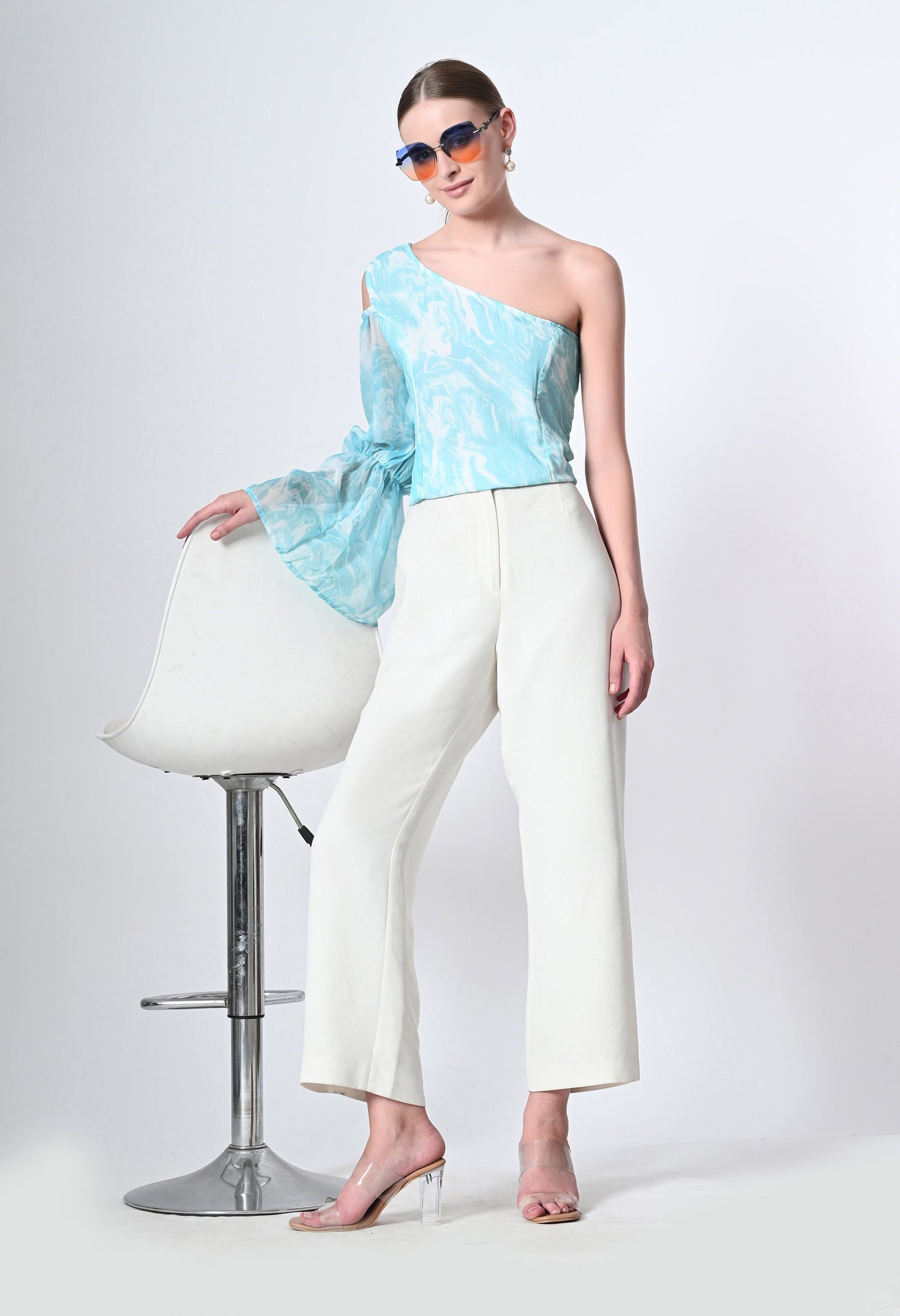 Marble print one side sleeve western top for women