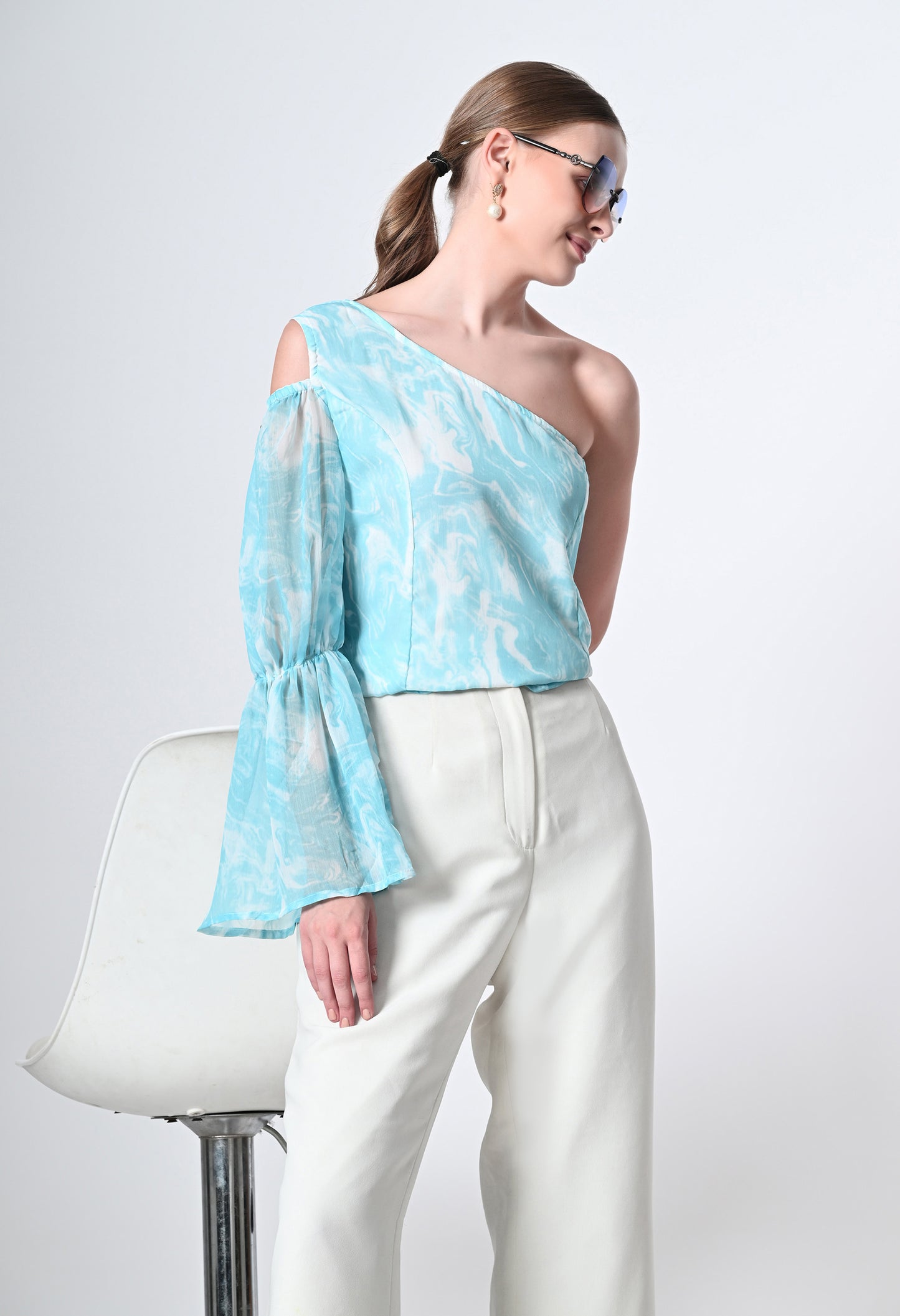 Marble print one side sleeve western top for women