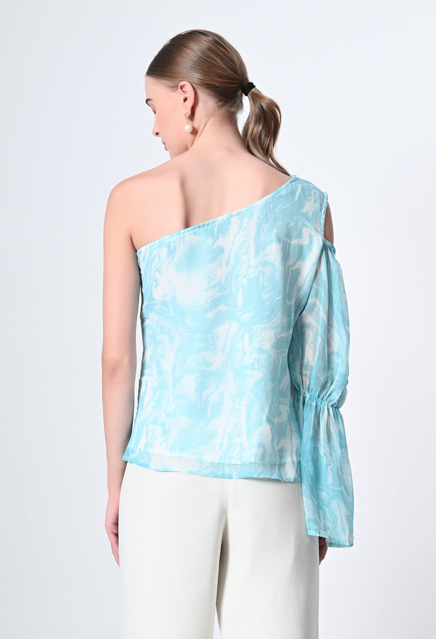 Marble print one side sleeve western top for women