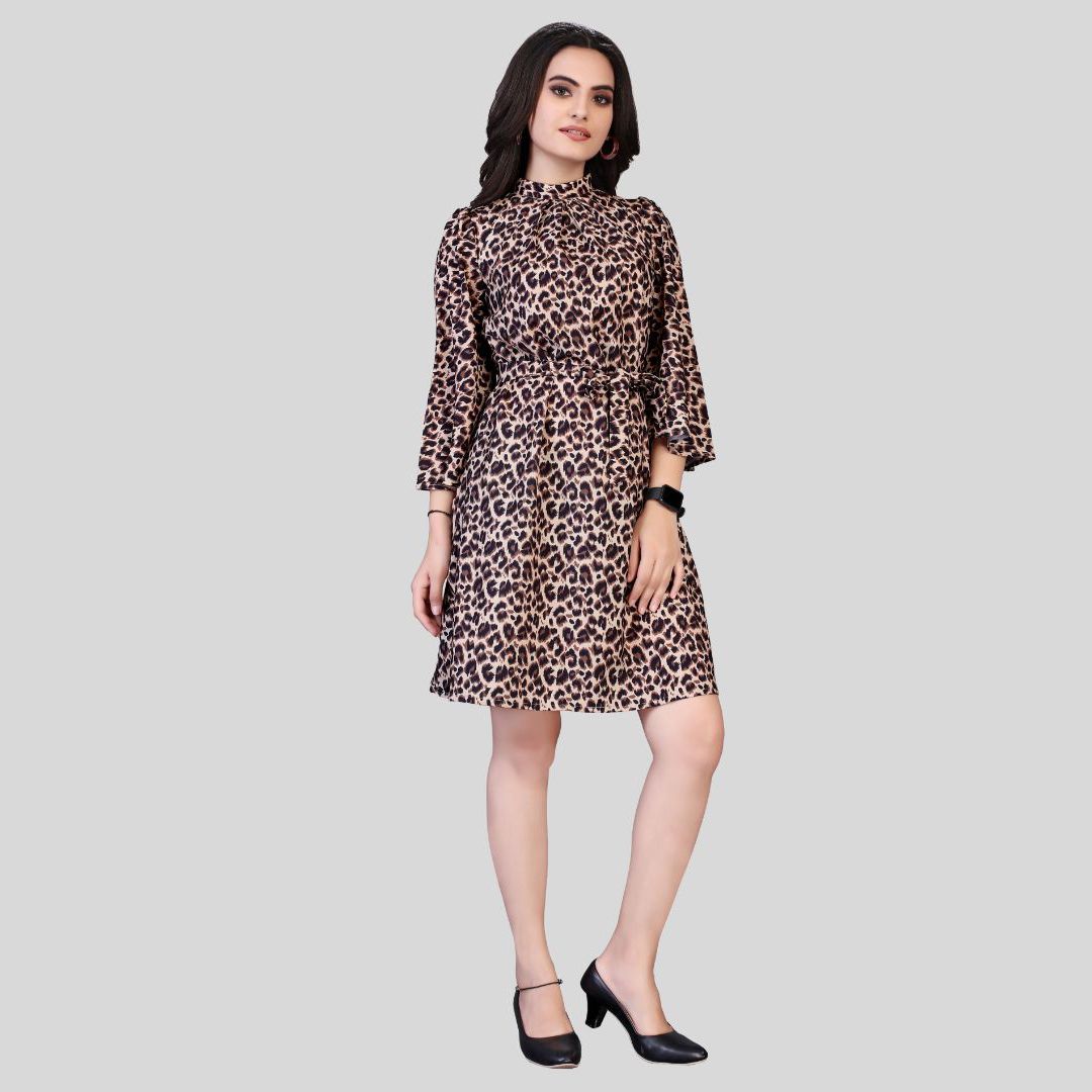 Tiger Printed Elegant Crepe Midi Dress
