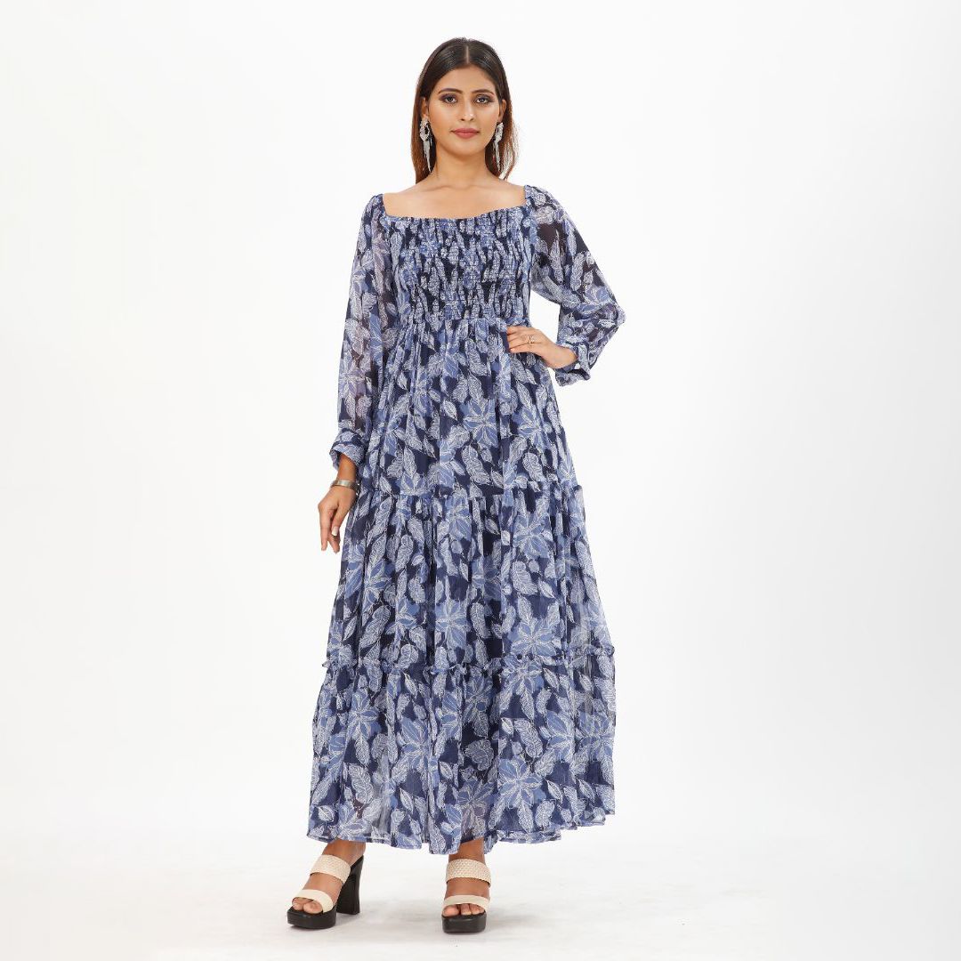 Women’s Floral Print Maxi Dress with Puff Sleeves