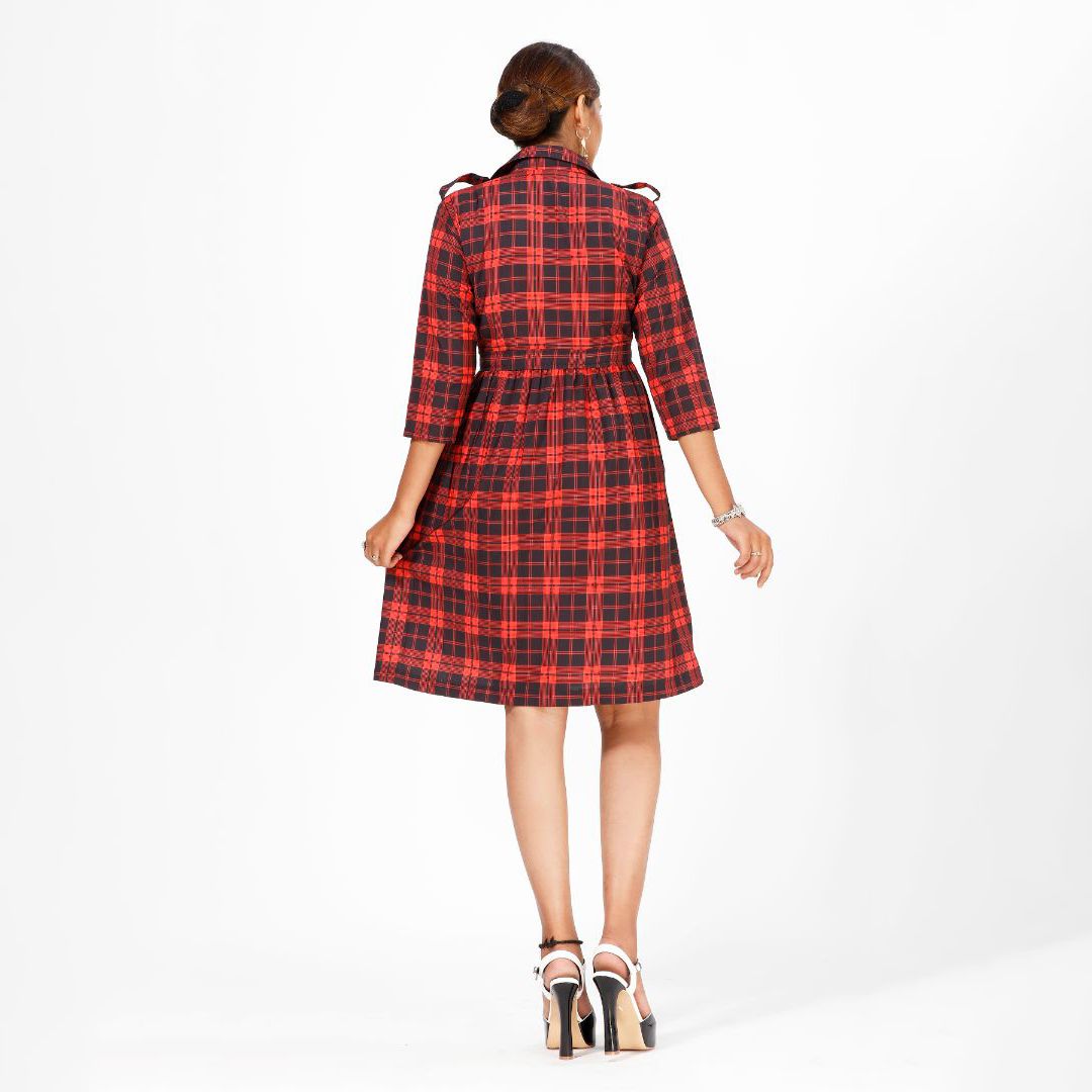 Classic Charm Crepe Midi Dress with Evergreen Stripes and Checks
