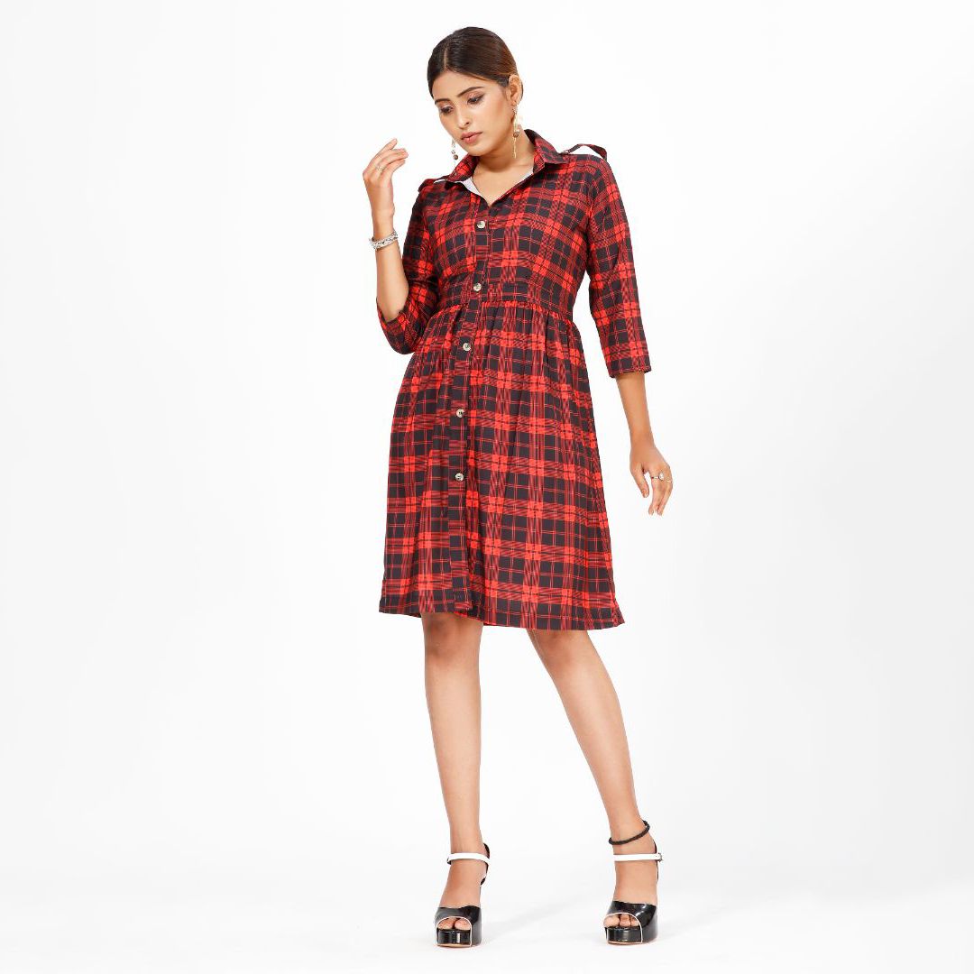 Classic Charm Crepe Midi Dress with Evergreen Stripes and Checks