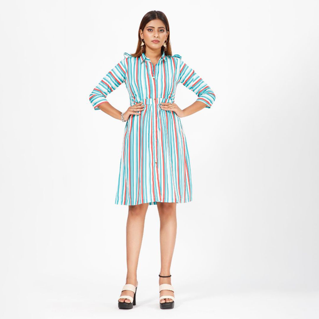 Classic Charm Crepe Midi Dress with Evergreen Stripes and Checks