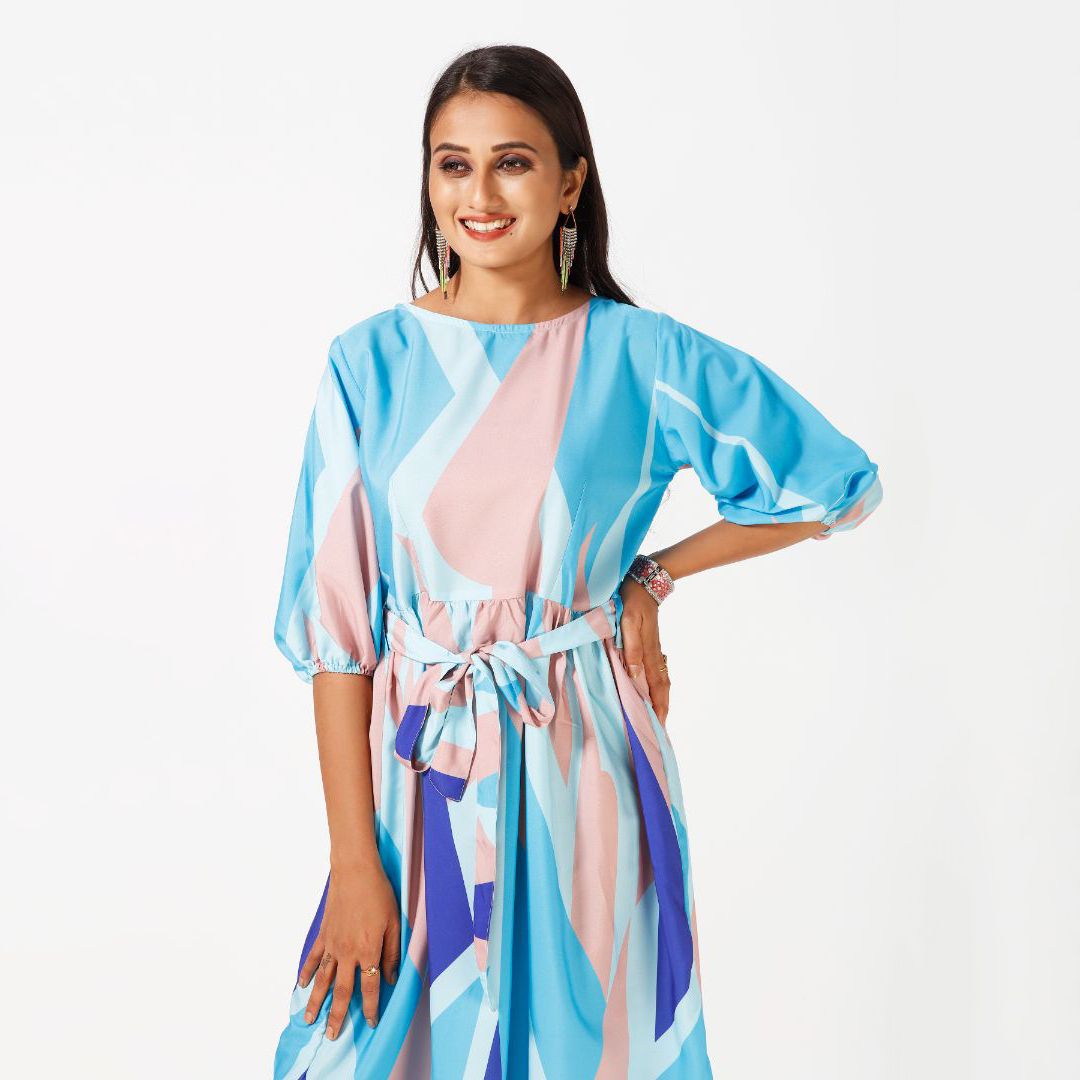 Abstract printed sleeve western dress for women