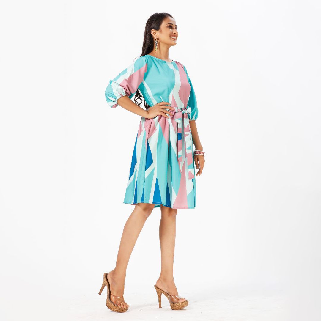 Abstract printed sleeve western dress for women