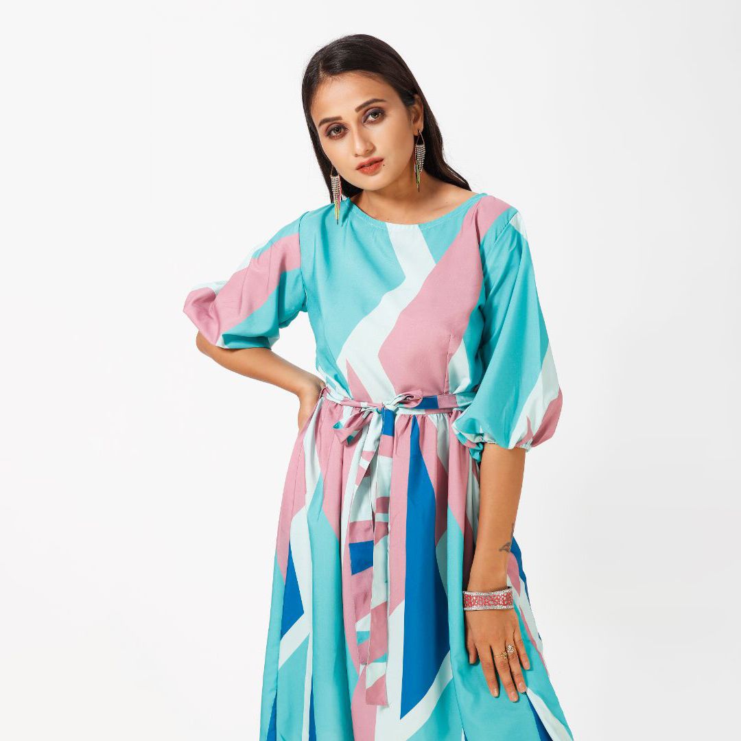 Abstract printed sleeve western dress for women