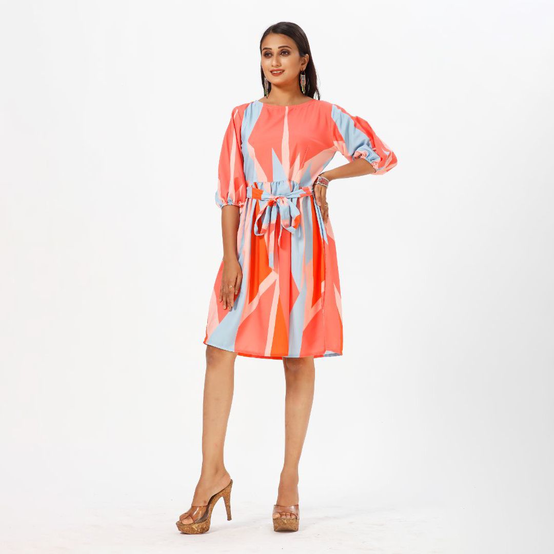 Abstract printed sleeve western dress for women