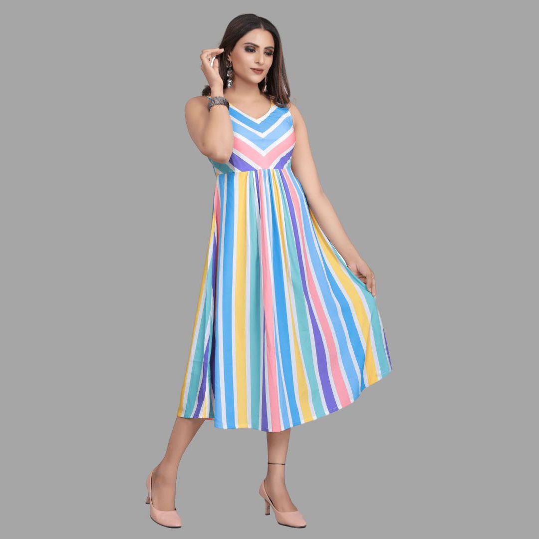 Stripe printed without sleeve western dress for women