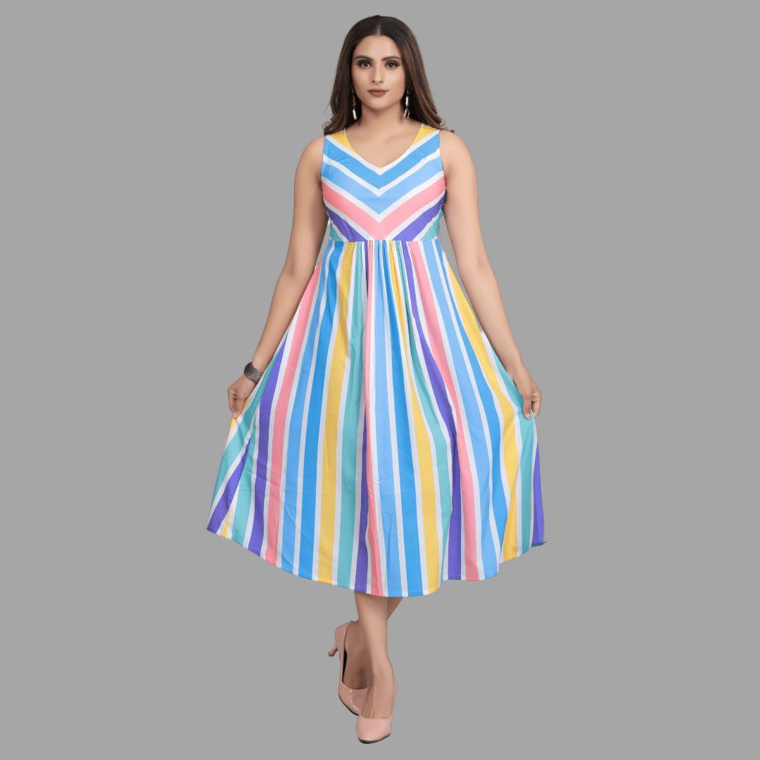 Stripe printed without sleeve western dress for women