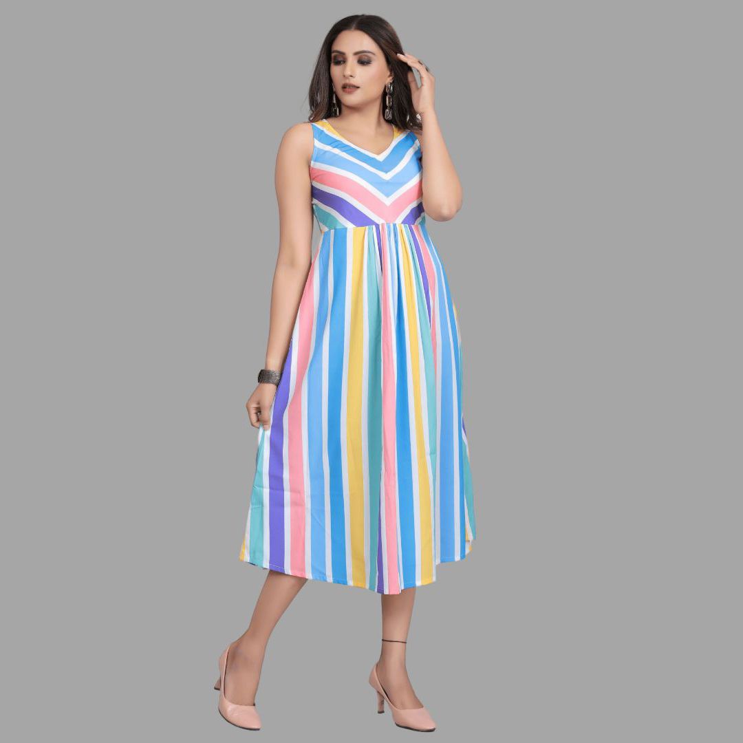Stripe printed without sleeve western dress for women