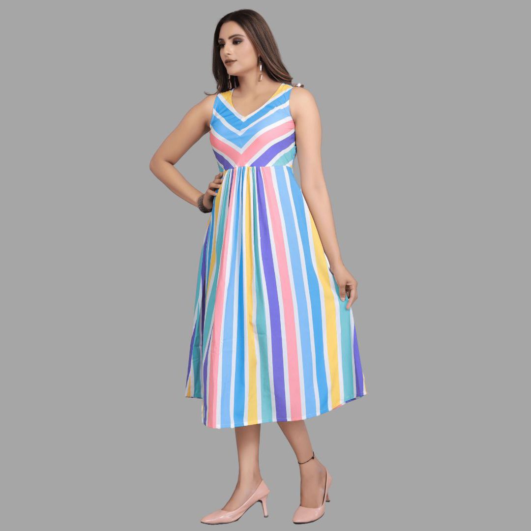 Stripe printed without sleeve western dress for women