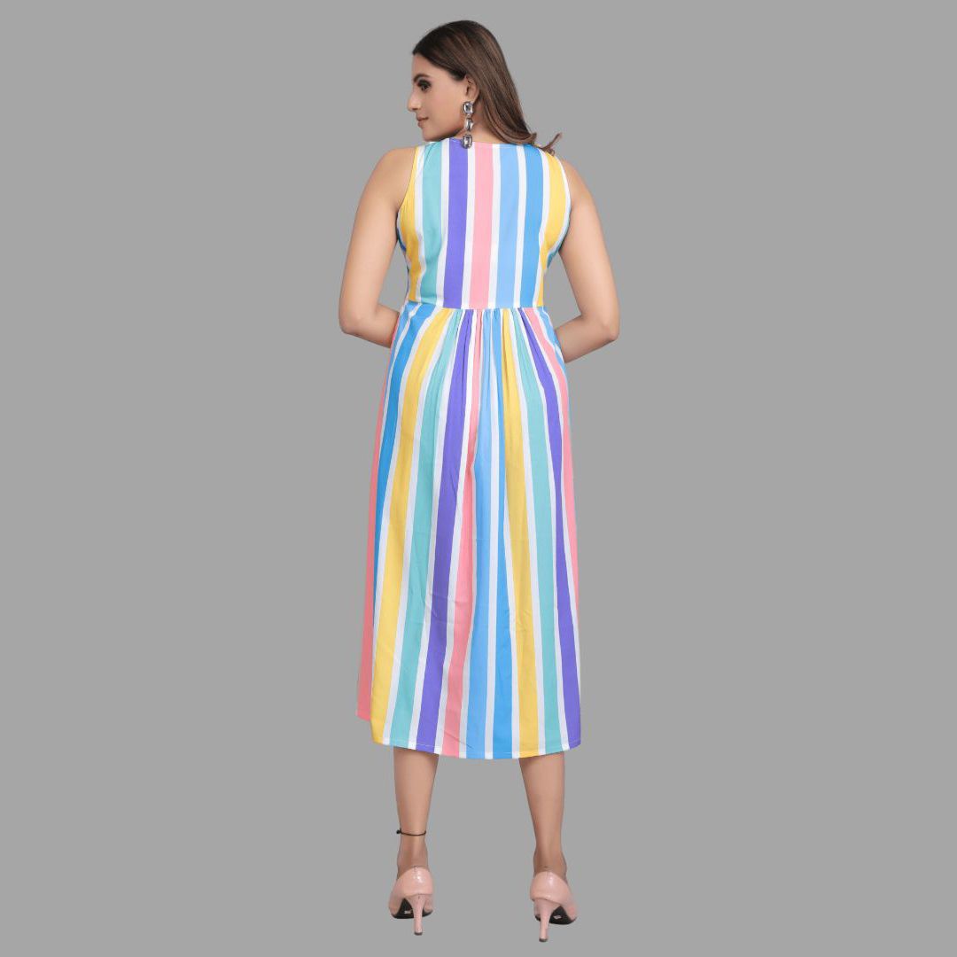 Stripe printed without sleeve western dress for women