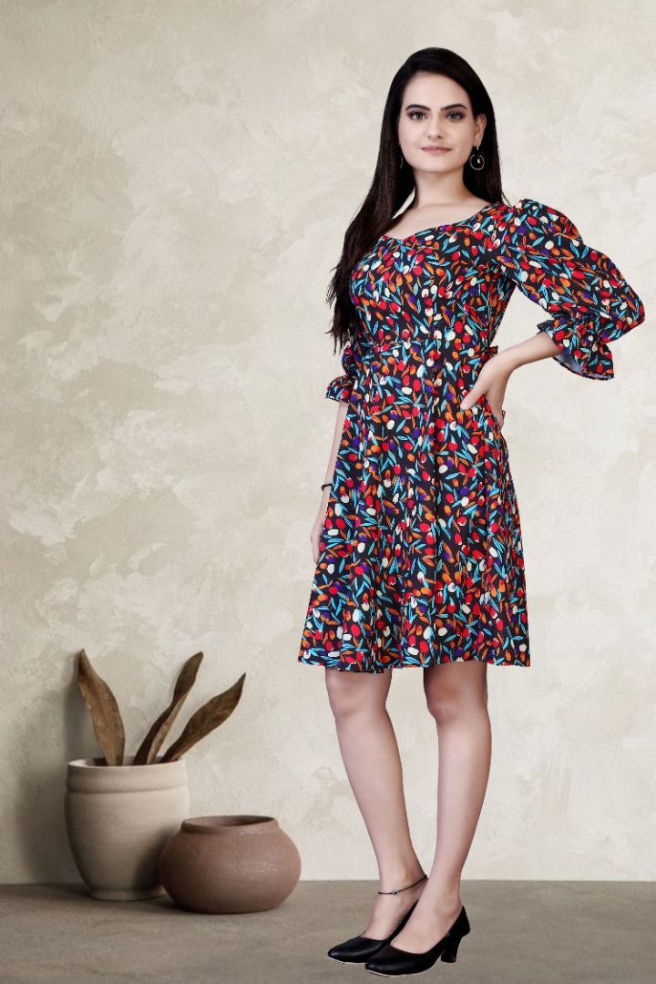 Floral printed 3/4 sleeve western dress for women