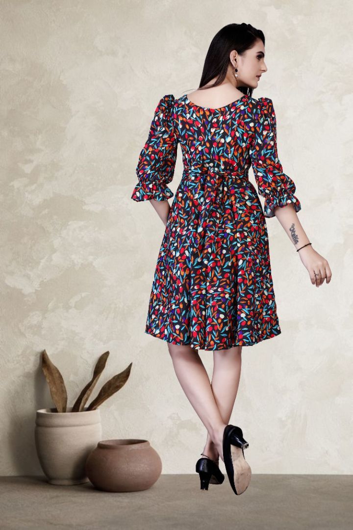 Floral printed 3/4 sleeve western dress for women