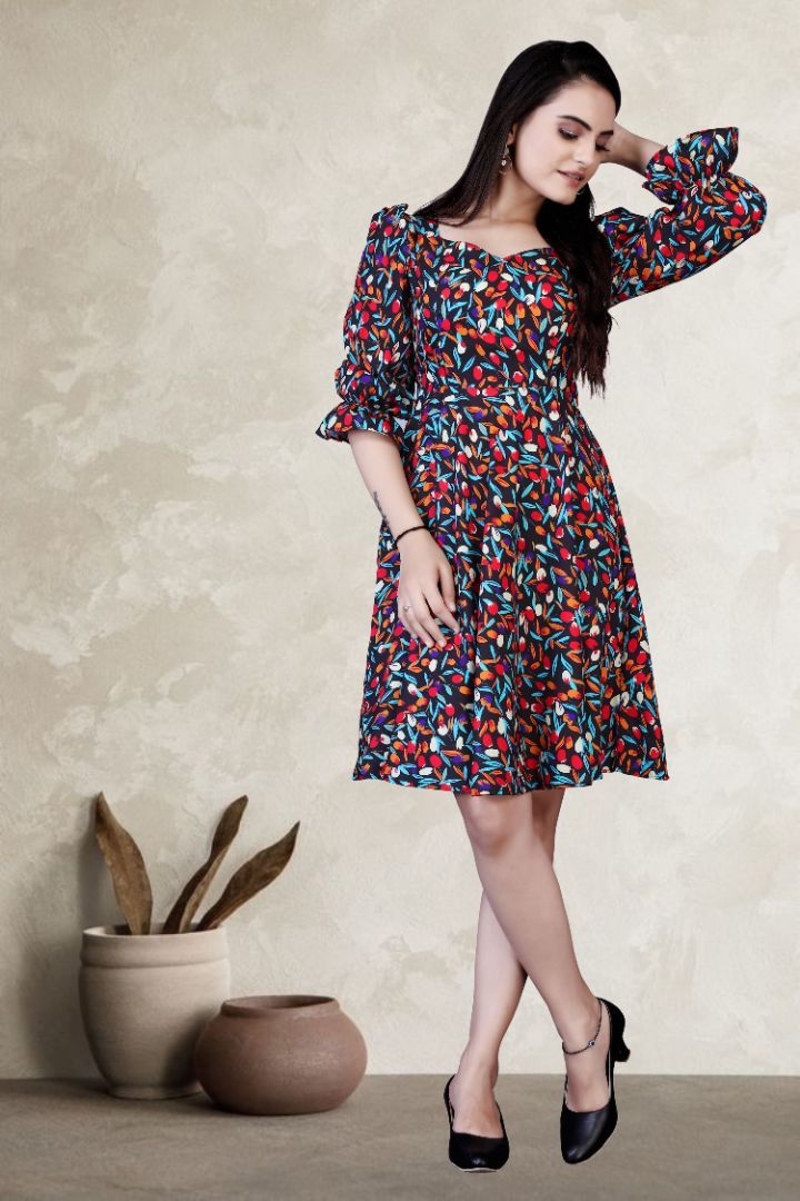 Floral printed 3/4 sleeve western dress for women