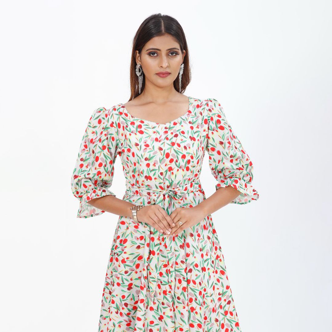 Floral printed 3/4 sleeve western dress for women