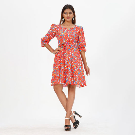 Floral printed 3/4 sleeve western dress for women