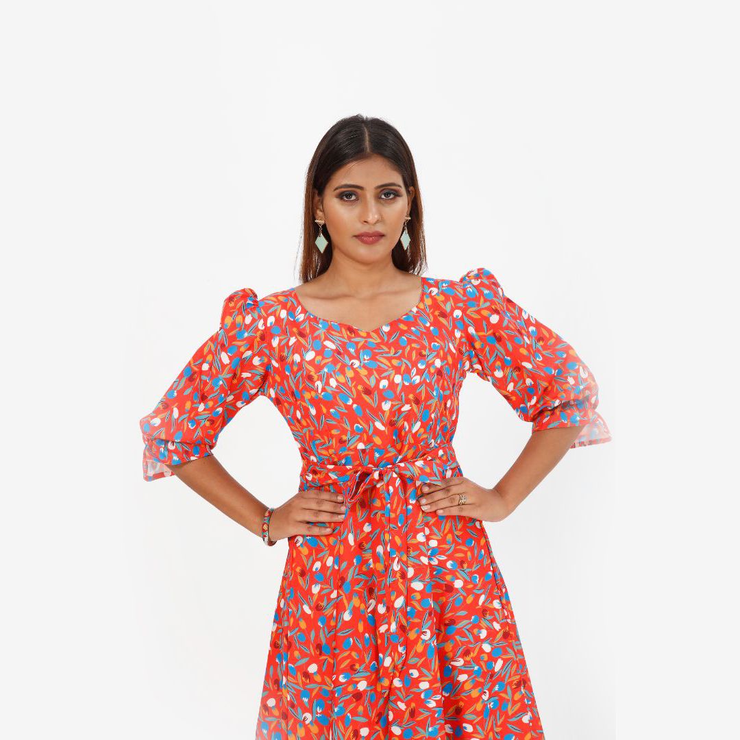 Floral printed 3/4 sleeve western dress for women