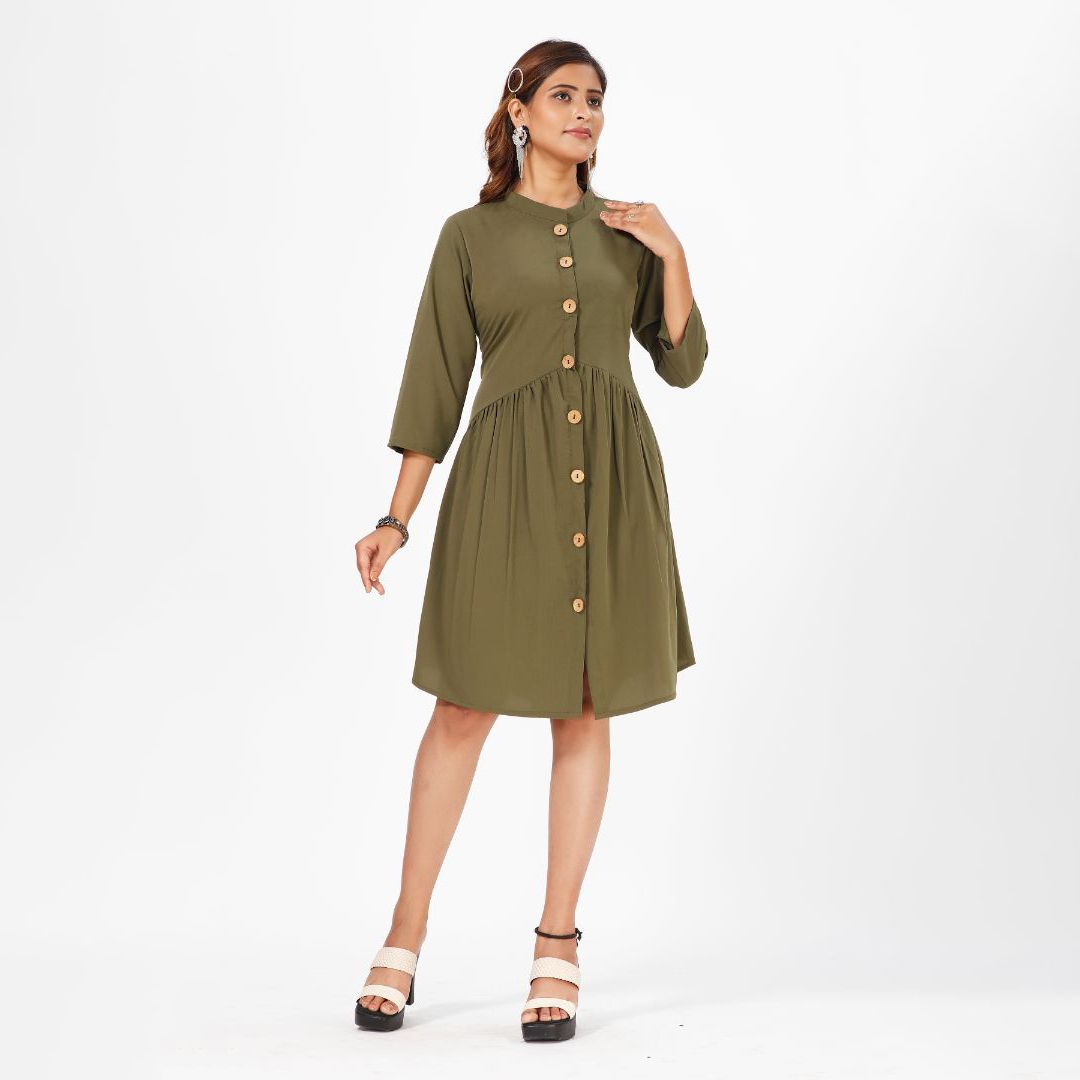 Green knee Lenght 3/4 sleeve western dress for women
