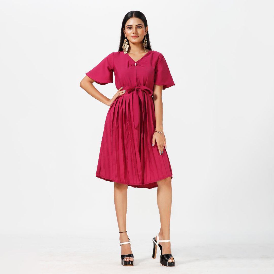 Pleated short sleeve western dress for women