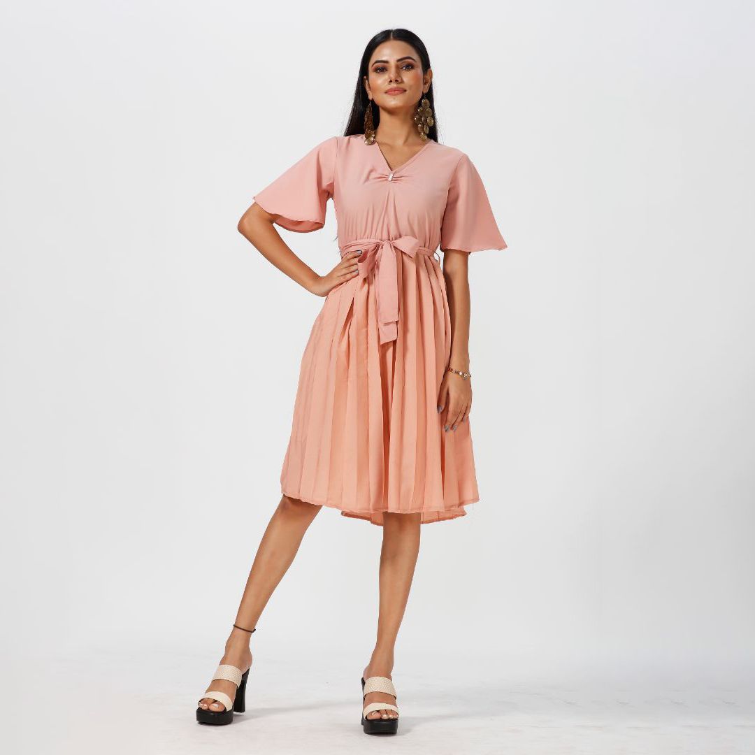 Pleated short sleeve western dress for women