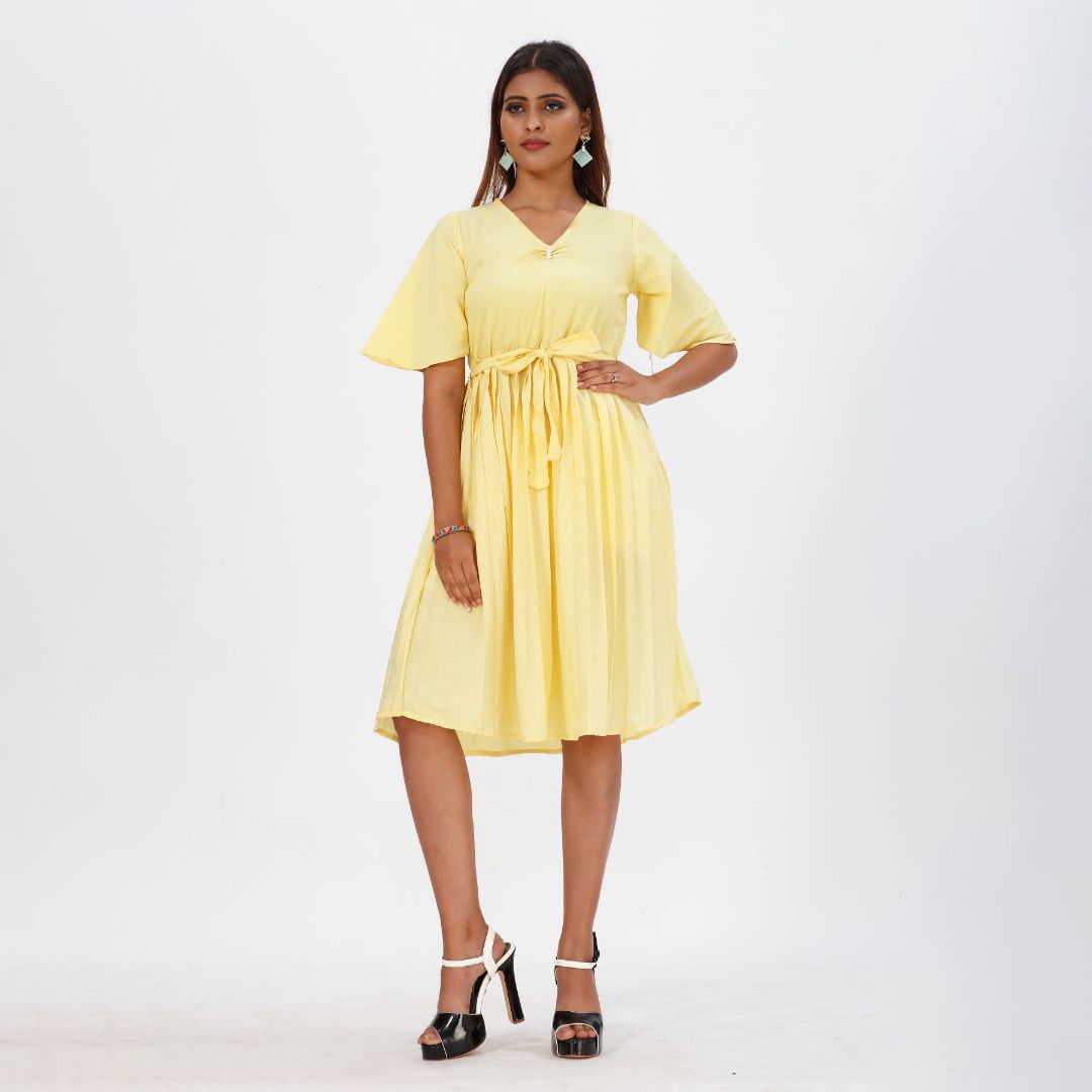 Pleated short sleeve western dress for women