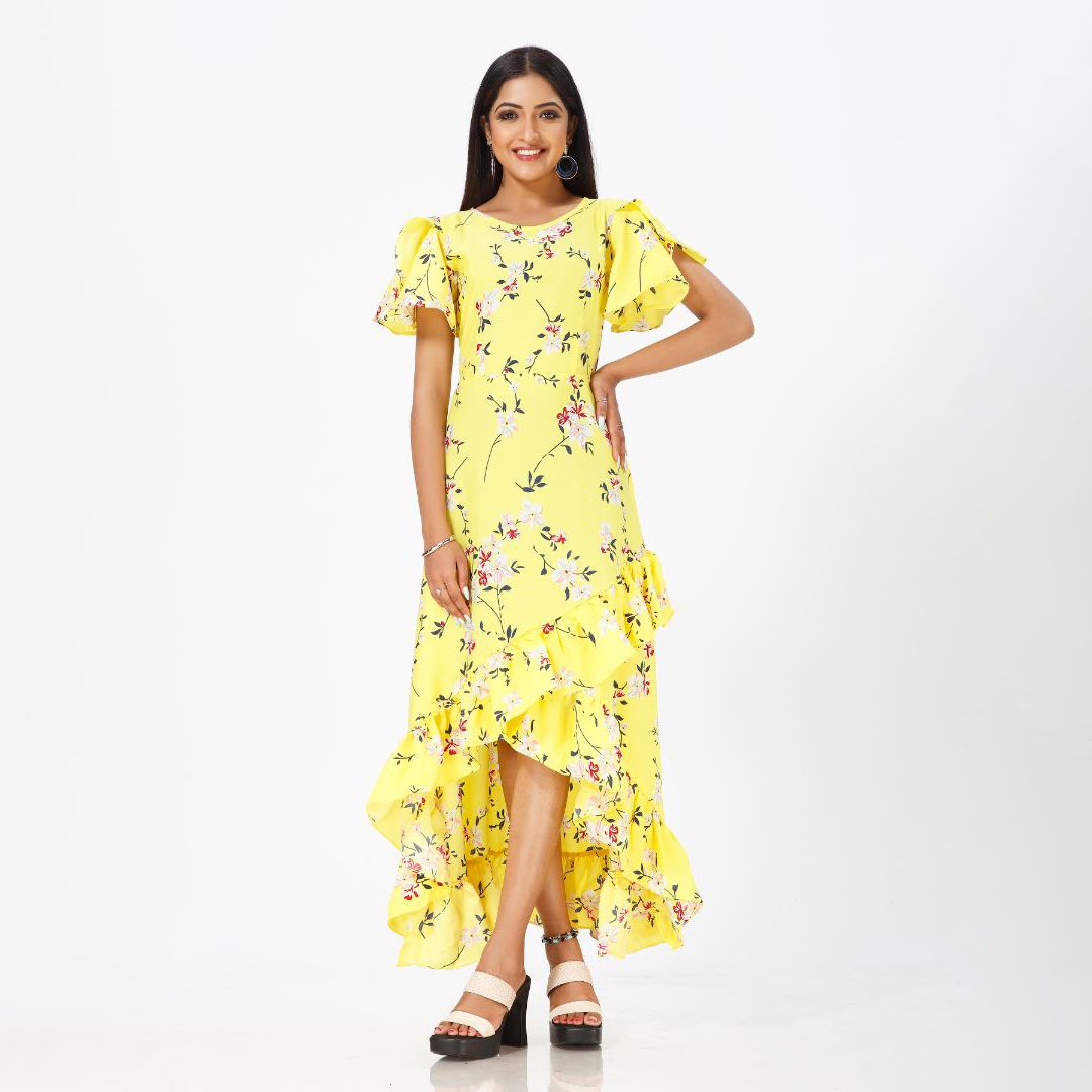 Flared floral print maxi western dress for women