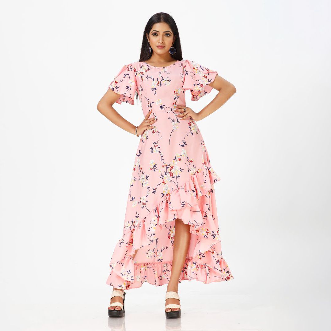 Flared floral print maxi western dress for women