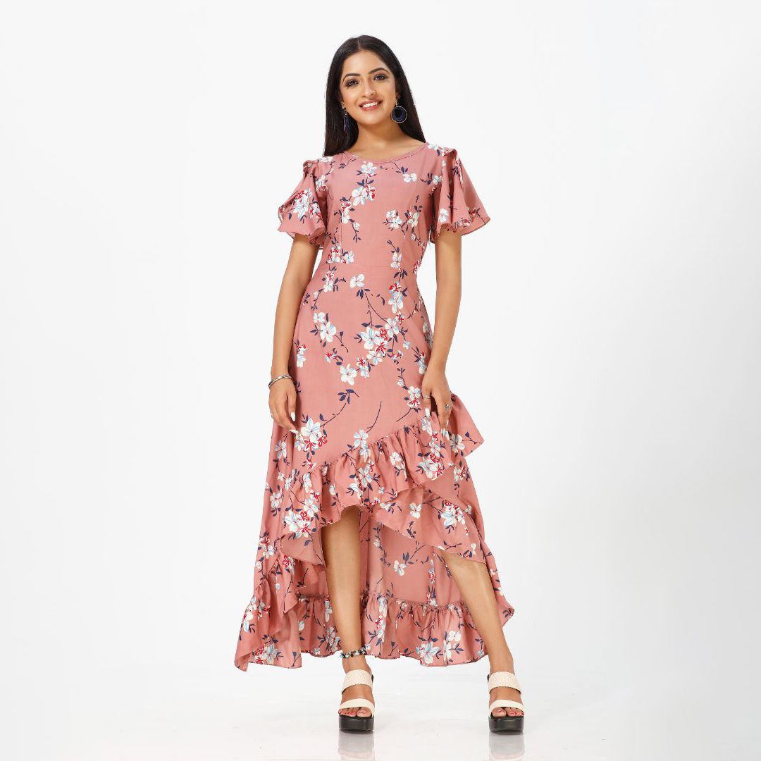 Flared floral print maxi western dress for women